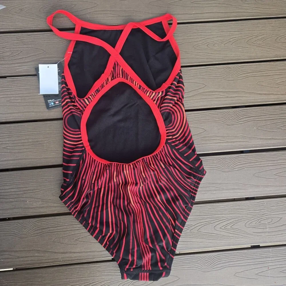 TYR Women's Durafast Elite Supersonic Red Striped DiamondFit 1 Pc Swim Sz 34 NEW
